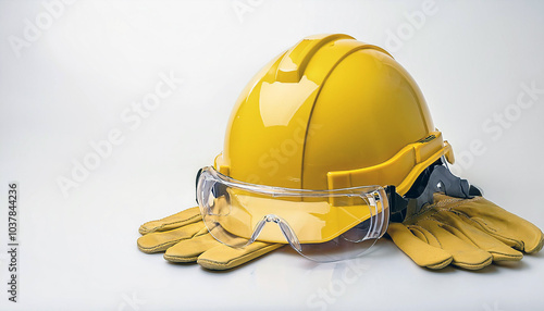 Essential safety gear: A vibrant yellow hard hat, clear safety glasses, and sturdy work gloves are arranged on a pristine white background, signifying protection and preparedness for any job.