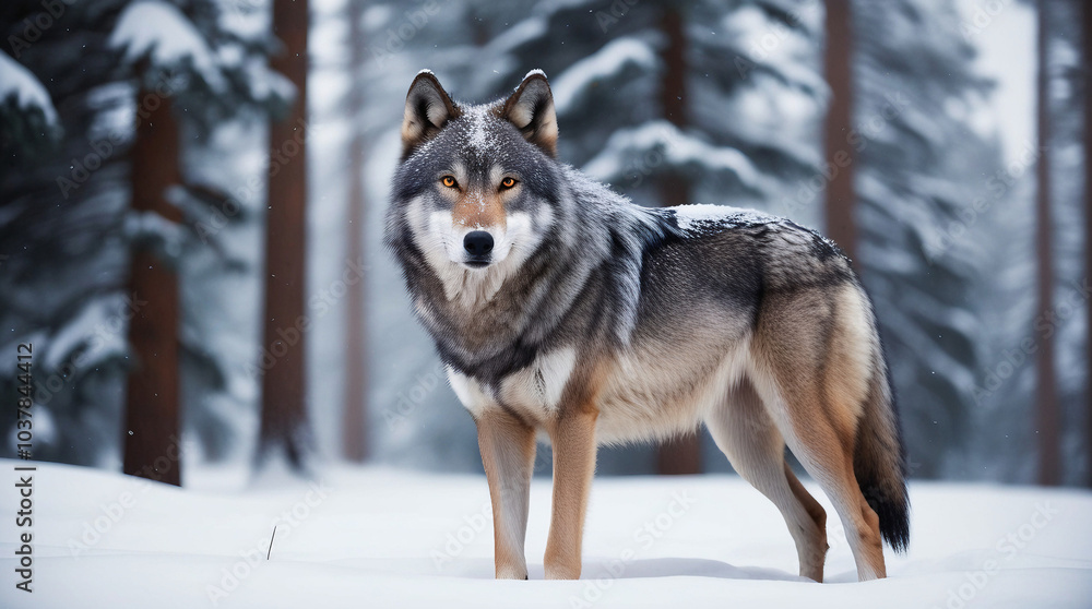A Regal Wolf Amidst the Snow-Covered Pines: Lone Wolf Under Winter's Blanket A Regal Wolf Amidst the Snow-Covered Pines: Lone Wolf Under Winter's Blanket