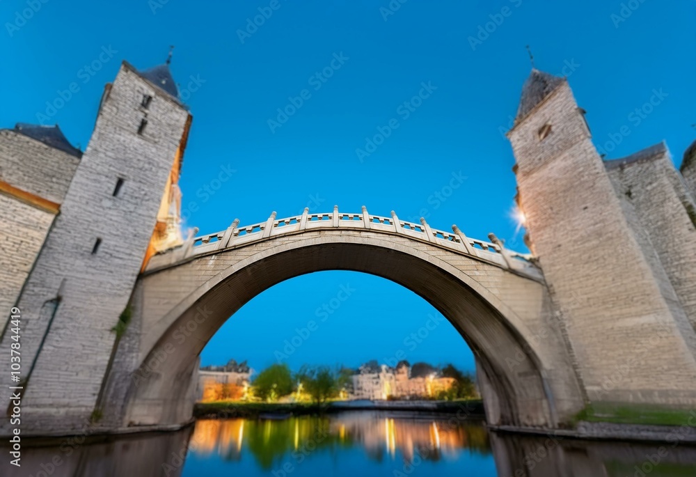 A stone arch bridge spans a calm river, with two stone towers rising on either side against a clear blue sky. A stone arch bridge spans a calm river, with two stone towers rising on either side against a clear blue sky.