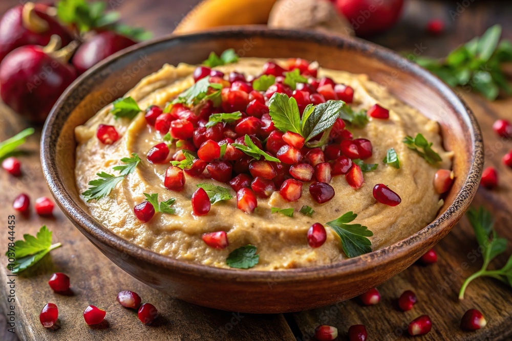Close-up of flavorful Baba Ganoush dish topped with Pomegranate seeds and Paprika Close-up of flavorful Baba Ganoush dish topped with Pomegranate seeds and Paprika
