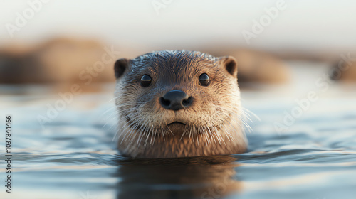 A curious otter emerges from the water, showcasing its playful nature and unique features against a calm natural backdrop.