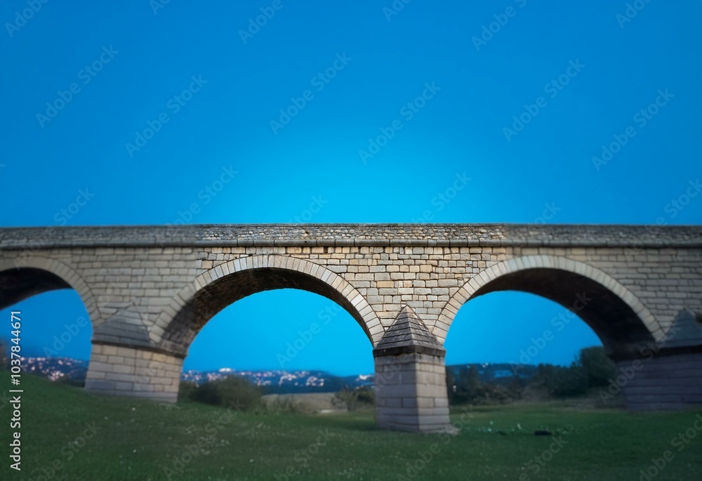 Fototapeta premium Stone arch bridge with a blue sky background, grass in the foreground.