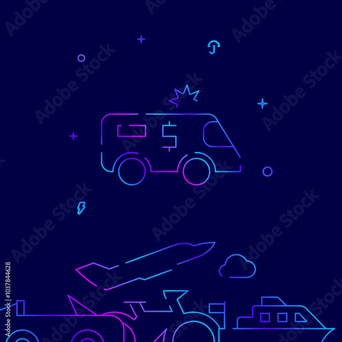 Cash-in-transit cash collection vehicle gradient line vector icon, simple illustration on a dark blue background, city transport related bottom border.