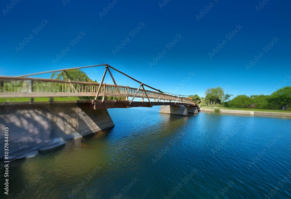 Obraz premium A wooden bridge spans a tranquil body of water with a clear blue sky overhead.