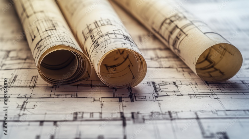 Rolled architectural blueprints on a flat surface. Rolled architectural blueprints on a flat surface.