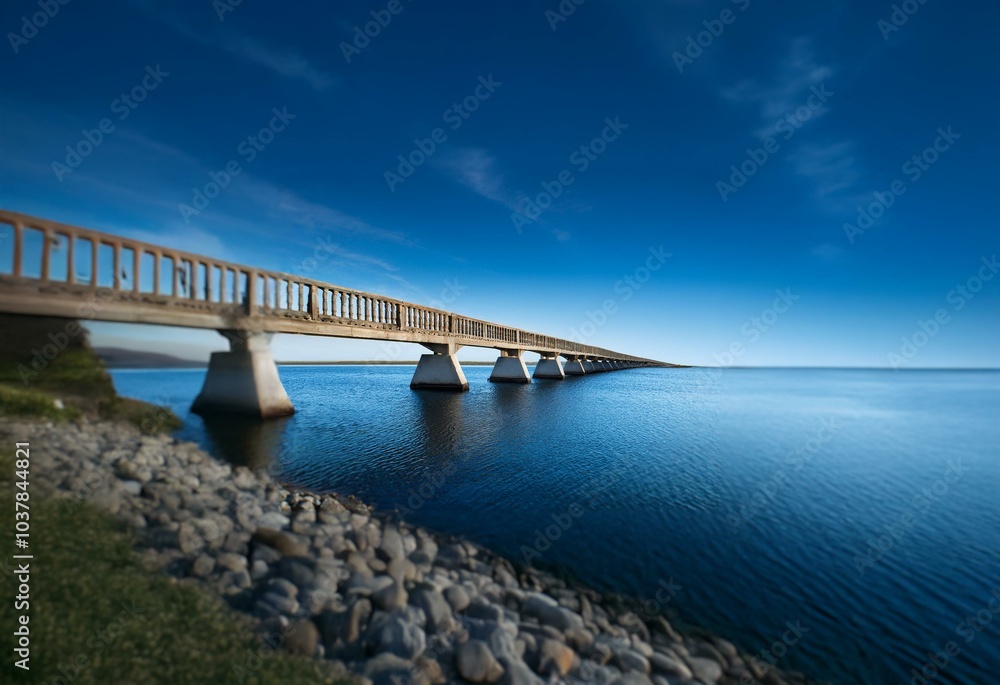 A long concrete bridge extends over a calm blue body of water, with a bright blue sky above. A long concrete bridge extends over a calm blue body of water, with a bright blue sky above.