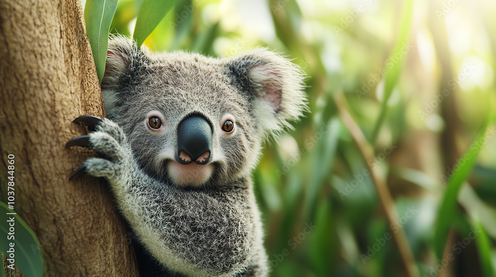 Fototapeta premium A cute koala perched on a tree branch, surrounded by lush green foliage, embodying the tranquility of an Australian habitat.