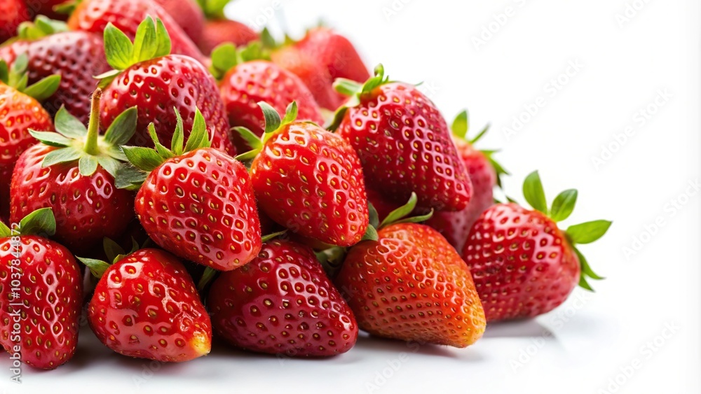 Close-up of fresh ripe strawberries on white background, juicy, red, organic, natural, vibrant, sweet, delicious, healthy, summer, fruit, dessert, food, farm, agriculture, ingredients. Close-up of fresh ripe strawberries on white background, juicy, red, organic, natural, vibrant, sweet, delicious, healthy, summer, fruit, dessert, food, farm, agriculture, ingredients.