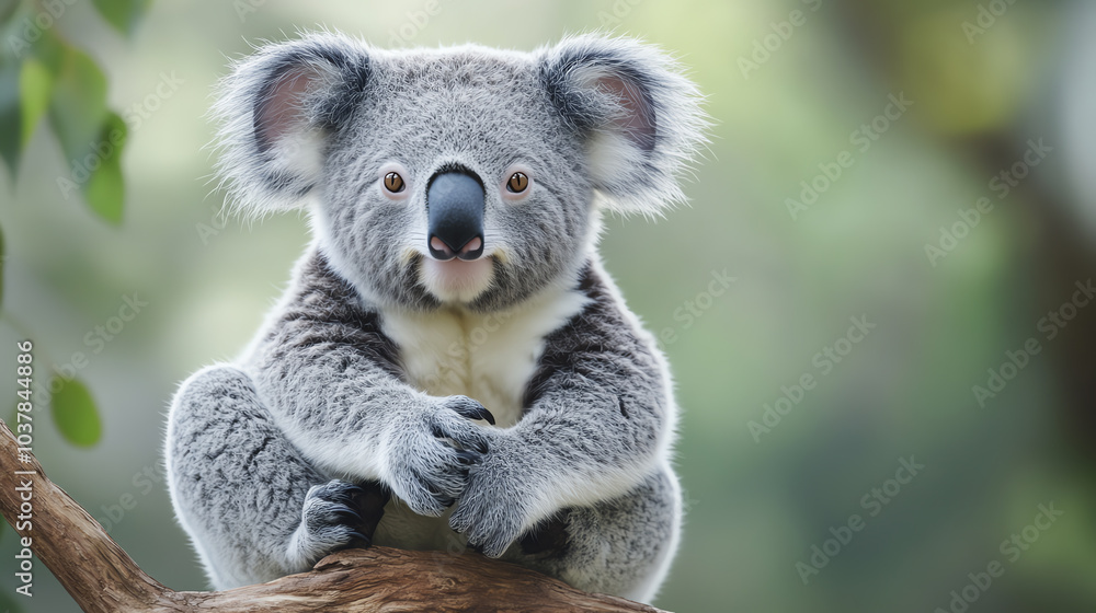 Naklejka premium A cute koala plush toy sitting against a vibrant blue backdrop, surrounded by green leaves, exuding charm and warmth for a playful atmosphere.