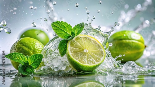 Close-up of fresh limes and mint leaves splashing in water © Prasert