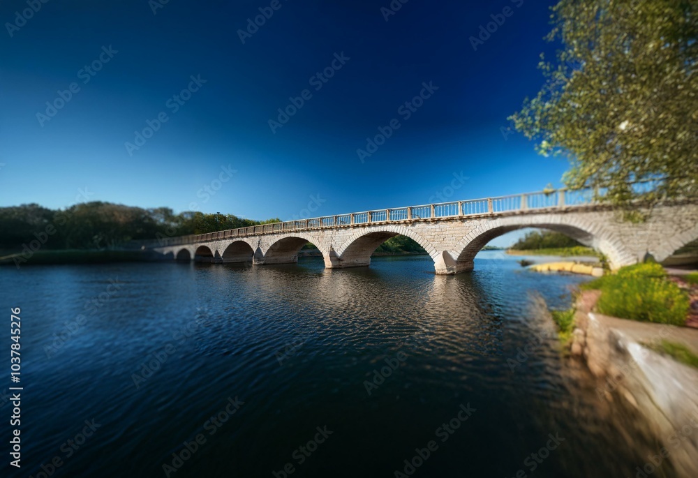 Fototapeta premium A stone arch bridge spans a calm river with a blue sky overhead.