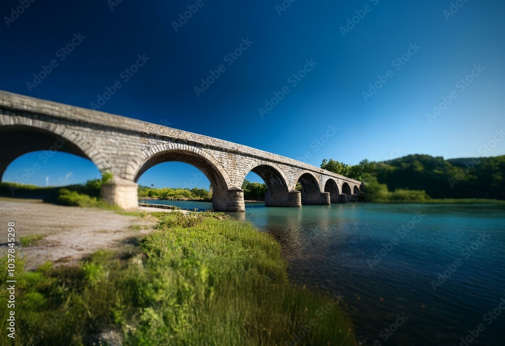 Fototapeta premium A stone bridge arches over a river, with lush green vegetation bordering the waterway.
