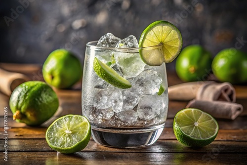 Closeup of Gin and Tonic cocktail with lime and ice © Prasert