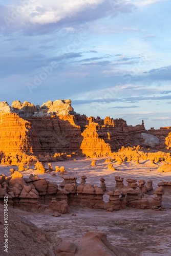 Breathtaking Goblin Valley Rock Formations at Sunset in Utah photo