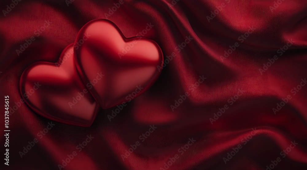 3D rendering of two glossy red hearts on the right side of a dark crimson background with a subtle wave pattern, perfect for Valentine's Day themes 3D rendering of two glossy red hearts on the right side of a dark crimson background with a subtle wave pattern, perfect for Valentine's Day themes