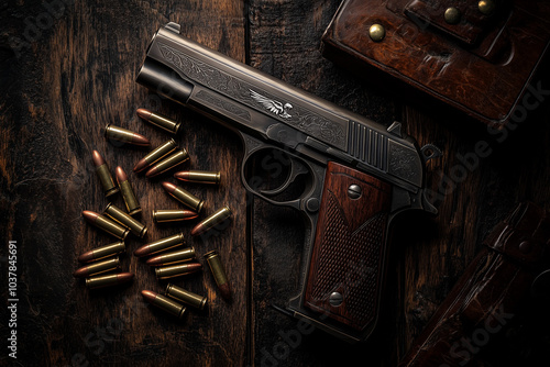 Pistol gun and scattered bullets on an old wooden table background with copy space. photo