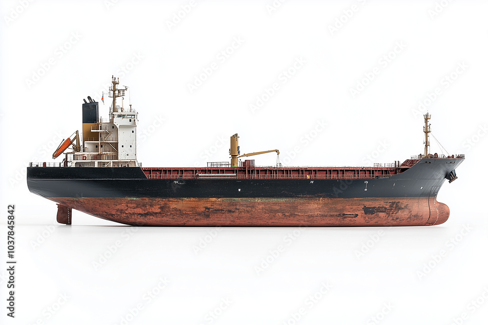 Large cargo ship vessel isolated on a white background. Side view..... Large cargo ship vessel isolated on a white background. Side view.....