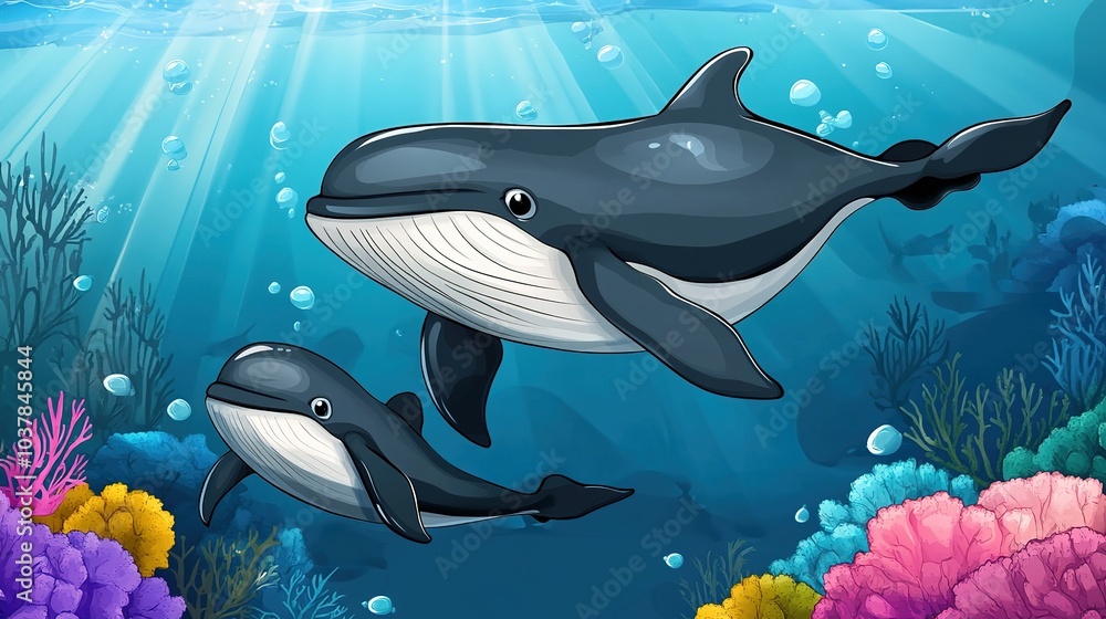 Fototapeta premium A heartwarming scene depicting a mother whale swimming gracefully alongside her baby whale in the vast ocean. The illustration captures the majestic presence of these gentle giants, 