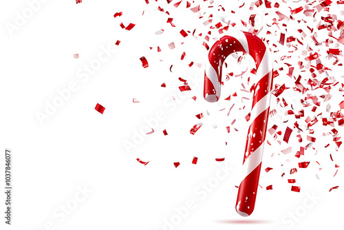 A festive candy cane surrounded by red and white confetti, evoking holiday cheer.