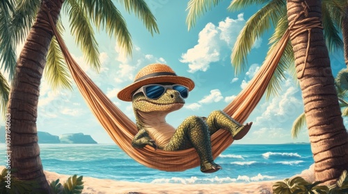 Fototapeta Naklejka Na Ścianę i Meble -  A dinosaur wearing sunglasses and a straw hat relaxes in a hammock on a tropical beach.