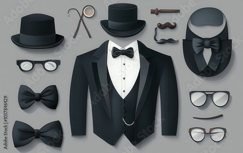 An artistic vector design of men's wedding suits, showcasing a tuxedo adorned with a bow tie and a necktie, along with accessories like mustaches, glasses photo