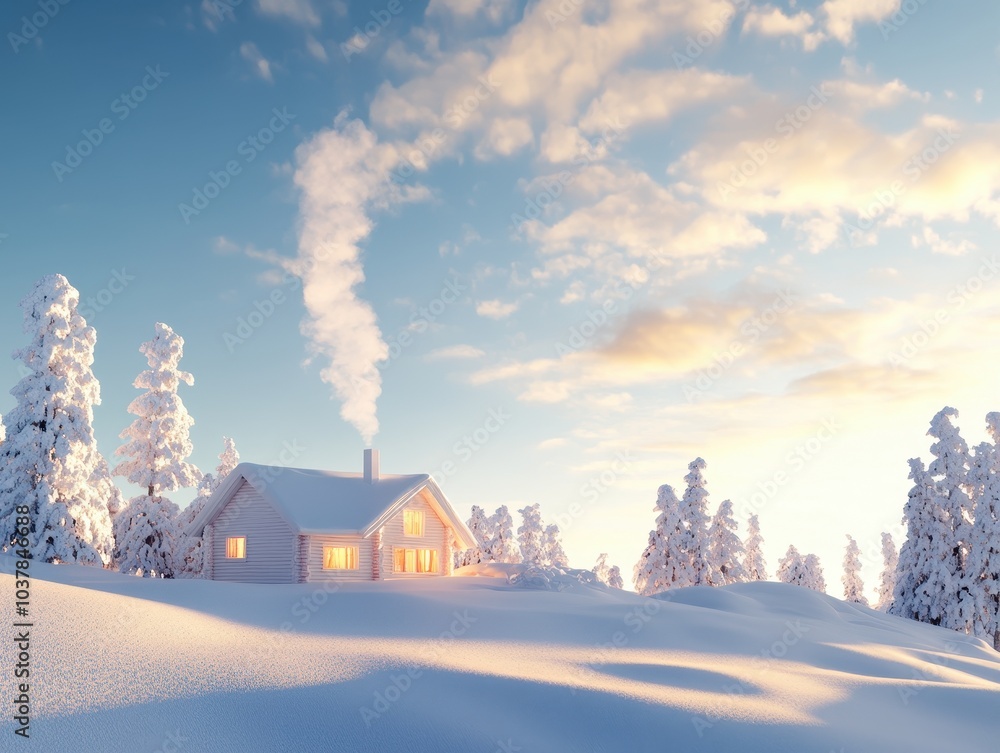 Serene Winter Landscape with Snow-Covered Cabin Serene Winter Landscape with Snow-Covered Cabin