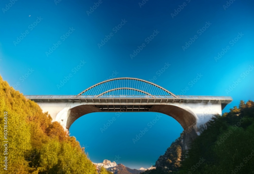 Fototapeta premium A concrete arch bridge with steel support cables against a clear blue sky.
