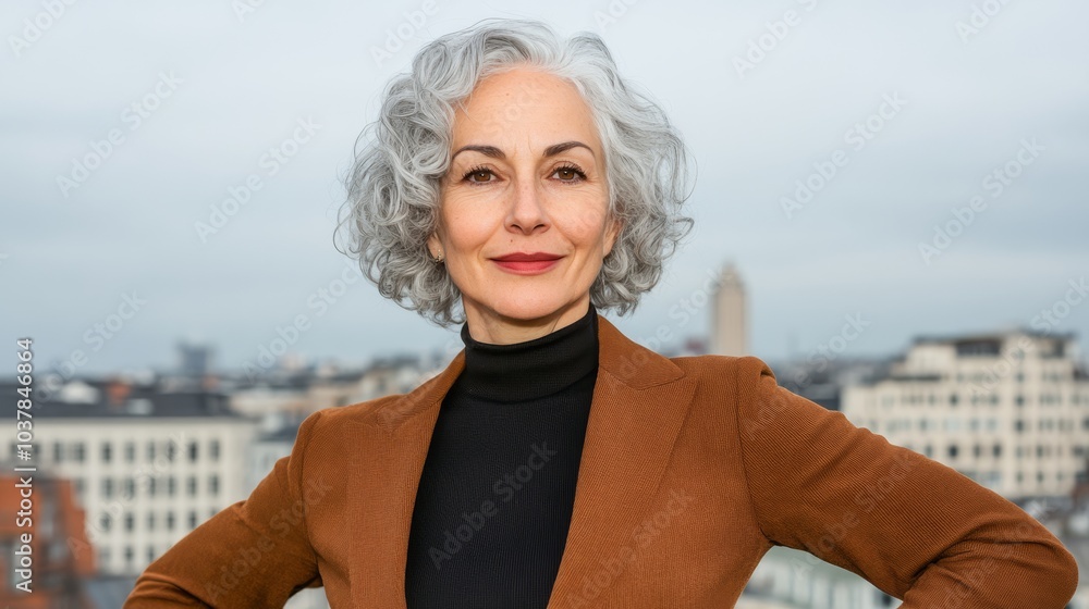 A woman stands confidently with her hands on her hips, curly silver and gray hair framing her face, smiling with selfassurance and exuding strength and poise against a clean white background. A woman stands confidently with her hands on her hips, curly silver and gray hair framing her face, smiling with selfassurance and exuding strength and poise against a clean white background.