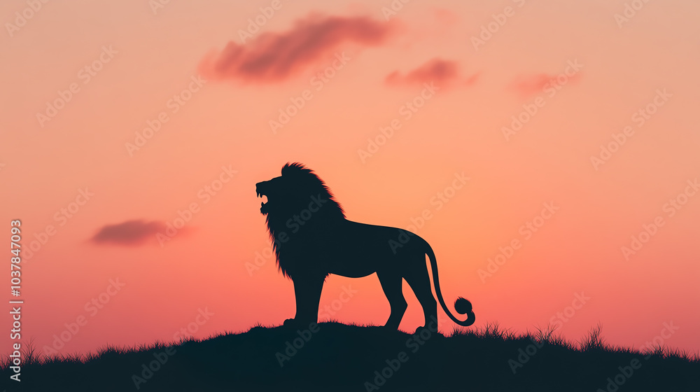 A majestic lion silhouette against a stunning sunset sky, showcasing its powerful stance and mane, symbolizing strength and royalty in nature. A majestic lion silhouette against a stunning sunset sky, showcasing its powerful stance and mane, symbolizing strength and royalty in nature.