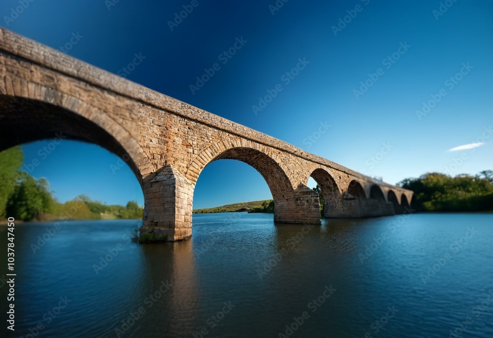 A stone arch bridge spans a river under a clear blue sky. A stone arch bridge spans a river under a clear blue sky.