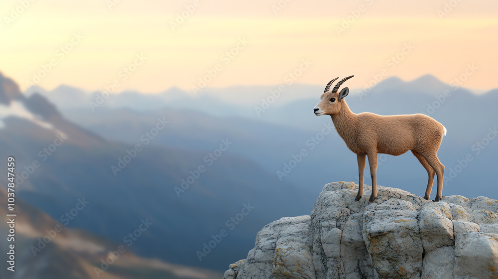 A majestic mountain goat standing on a rocky peak, gazing over a breathtaking landscape at sunrise. A majestic mountain goat standing on a rocky peak, gazing over a breathtaking landscape at sunrise.