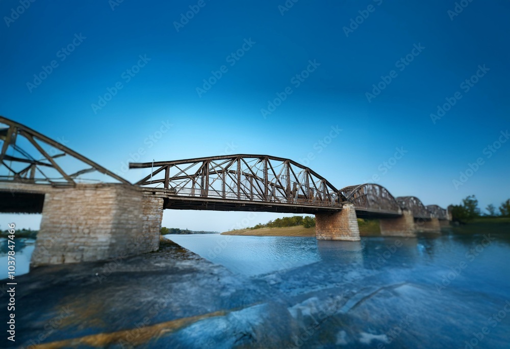 Obraz premium An old iron truss bridge over a blue river, surrounded by green trees under a blue sky.