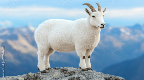 A majestic mountain goat standing on a rocky outcrop with a stunning mountainous backdrop, showcasing its vibrant white fur and sharp horns.