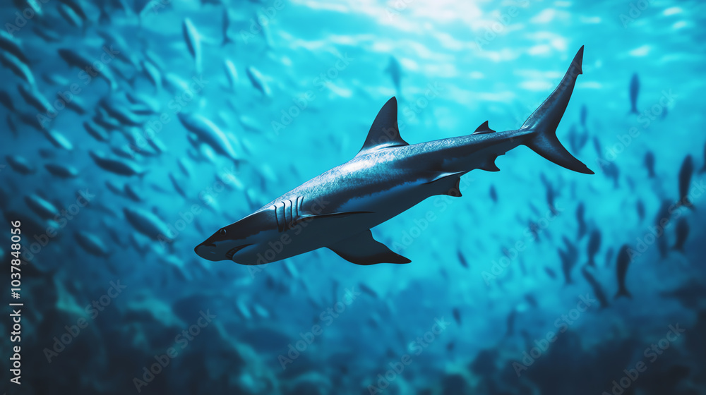 Obraz premium A majestic shark swimming gracefully in the vibrant blue ocean, surrounded by a school of smaller fish, showcasing the beauty of marine life.