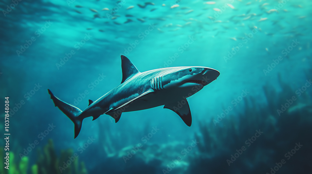 Naklejka premium A majestic shark swimming gracefully through the clear blue waters, showcasing its powerful fins and sleek body amidst stunning underwater scenery.