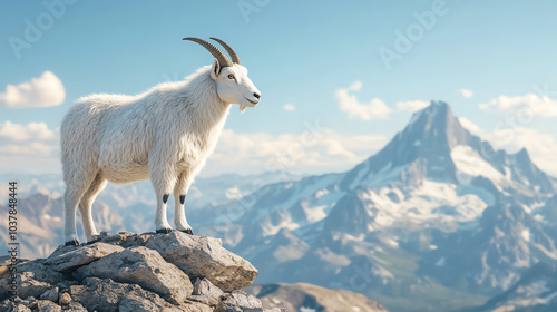 A majestic white goat standing proudly on a rocky ledge with a stunning mountain backdrop, showcasing the beauty of wildlife in nature.