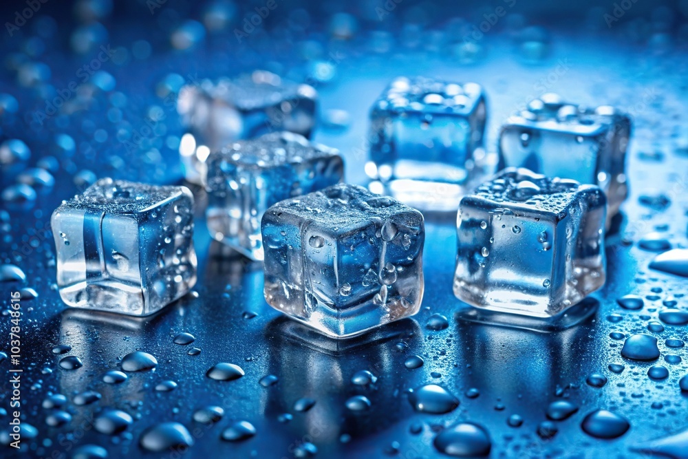 Close-up of long shot ice cubes with water drops on blue background Close-up of long shot ice cubes with water drops on blue background
