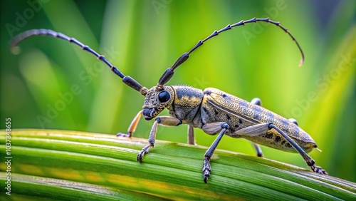 Close-up of long whiskered Agapanthia beetle crawling on plant stem photo