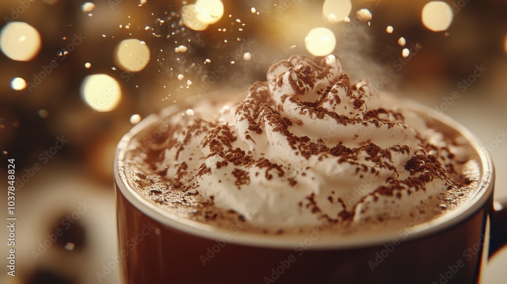 Enjoy a warm cup of creamy hot chocolate, lavishly topped with whipped cream and cocoa powder, elegantly presented in a festive mug, evoking the spirit of winter. Generative AI