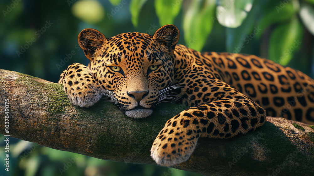 A resting leopard lying on a tree branch surrounded by lush green foliage, showcasing its stunning coat and serene demeanor. A resting leopard lying on a tree branch surrounded by lush green foliage, showcasing its stunning coat and serene demeanor.