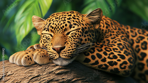 A resting leopard gracefully lounges on a tree branch, surrounded by lush green foliage, showcasing its beautiful spotted coat and serene demeanor. photo