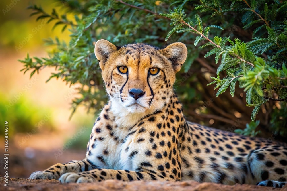 Closeup of mother cheetah resting in shade of bush Closeup of mother cheetah resting in shade of bush