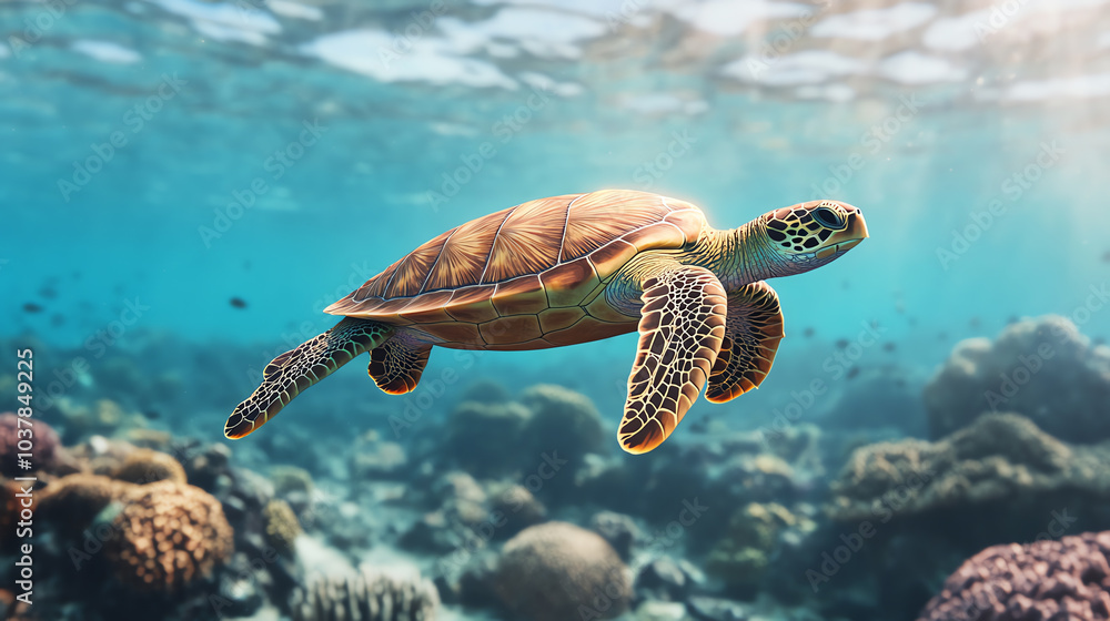 Obraz premium A serene sea turtle glides gracefully through vibrant coral reefs, showcasing the beauty of marine life in a clear, sunny underwater environment.