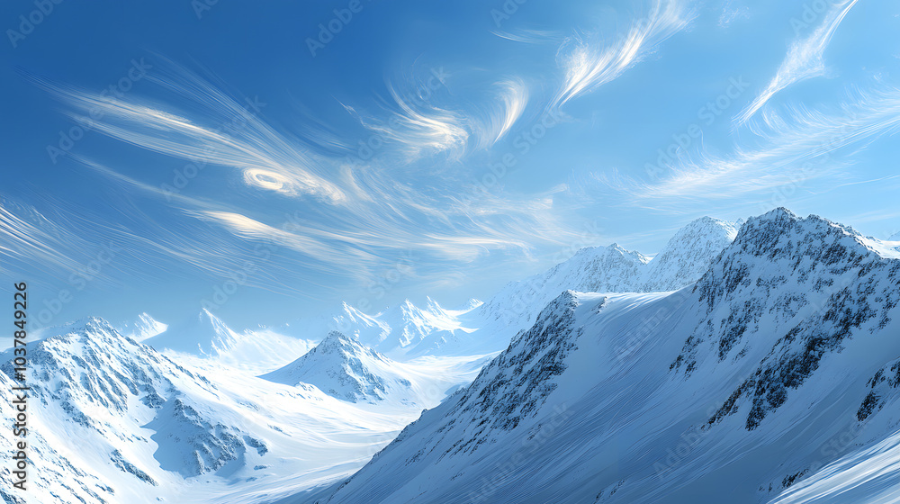 Fototapeta premium Majestic Winter Landscape with Snow-Covered Mountains and Blue Skies