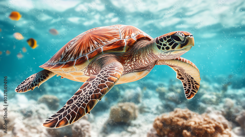 A solitary sea turtle gracefully swims through clear blue waters, showcasing vibrant colors and intricate patterns against a coral reef backdrop.