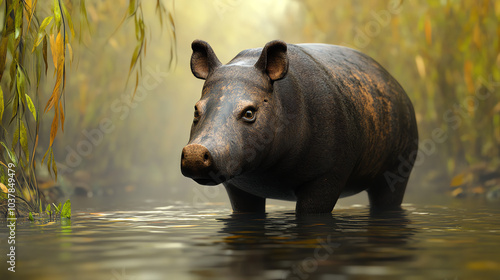 A solitary tapir stands gracefully in calm water surrounded by lush greenery, showcasing its unique features in a tranquil natural setting.