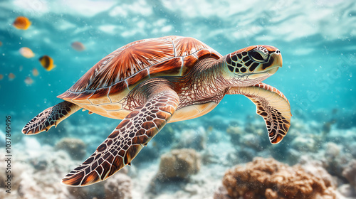 Obraz na płótnie A solitary sea turtle gracefully swims through clear blue waters, showcasing vibrant colors and intricate patterns against a coral reef backdrop. w salonie