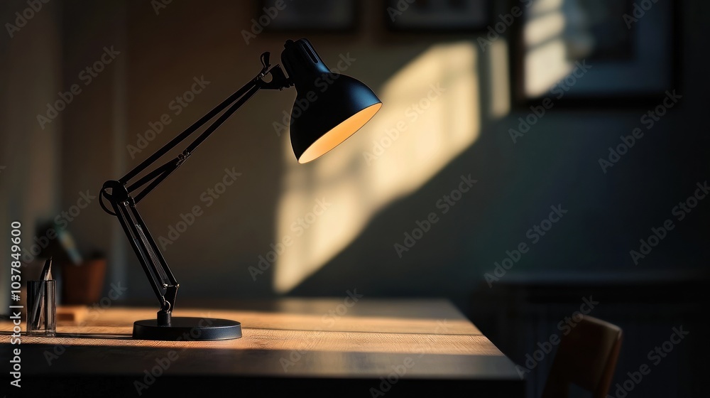 Black Desk Lamp on a Wooden Table Black Desk Lamp on a Wooden Table