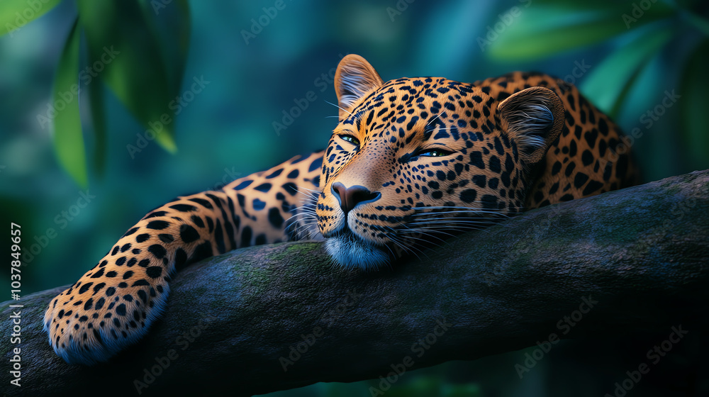 A tranquil leopard resting gracefully on a sturdy branch, surrounded by lush greenery, showcasing its stunning coat and peaceful demeanor. A tranquil leopard resting gracefully on a sturdy branch, surrounded by lush greenery, showcasing its stunning coat and peaceful demeanor.
