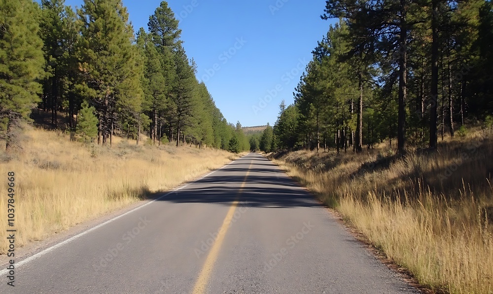 Obraz premium Road disappearing into the distance among tall pines, Generative AI